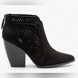 Qupid Laser Cut Faux Black Suede Booties with 3.5” Heel, Size 7M